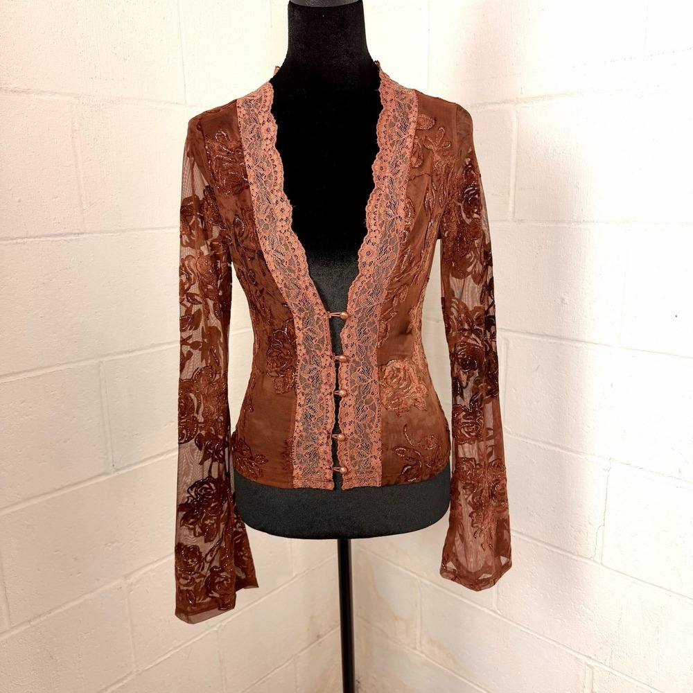 Renaissance Brown Velvet Mesh Lace Top SZ XS Sheer Flare Sleeves Fairy Romantic